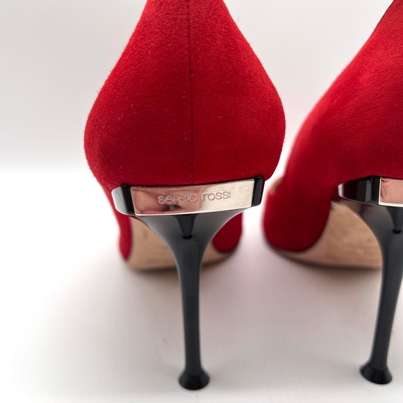 SERGIO ROSSI Shoes Womens 40 Red Suede Milano Pump Pointy Toe Heels Stiletto - Picture 5 of 13